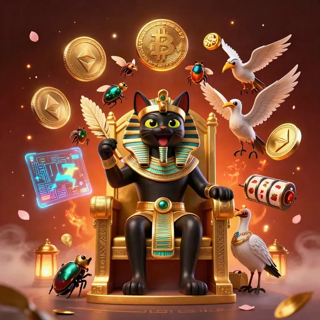 Pharaoh cat on gold throne with ibis scribe, scarabs, coins, lightning in a crimson casino glow.