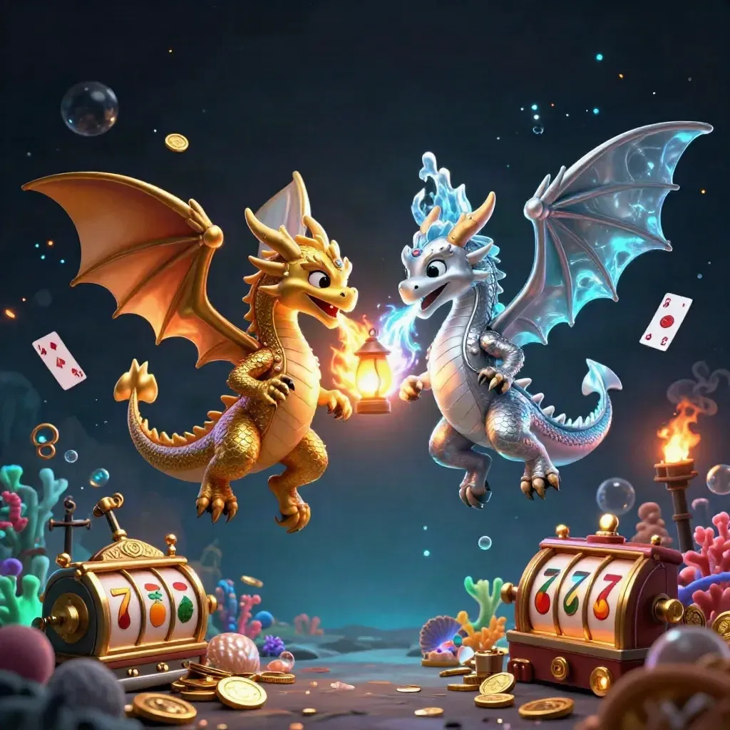 Gold and silver dragons form a yin-yang over casino treasure, reels, cards, and glowing underwater coral.