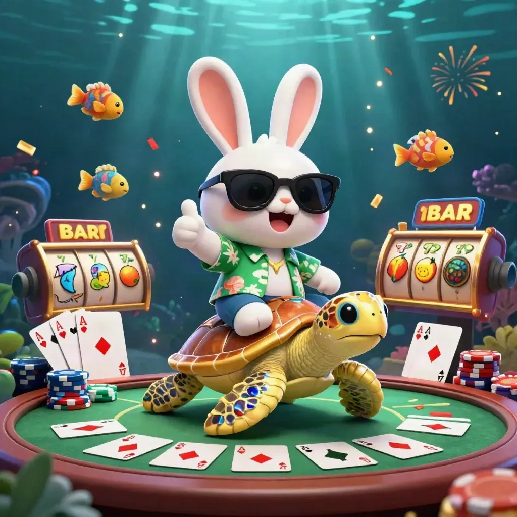 Lucky rabbit on a jeweled sea turtle amid chips, cards, reels, confetti, and underwater casino glow.