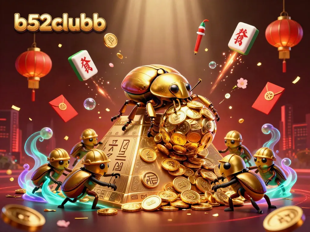 Engage with b52clubb's vibrant 3D online casino art showcasing golden beetles and dynamic symbols