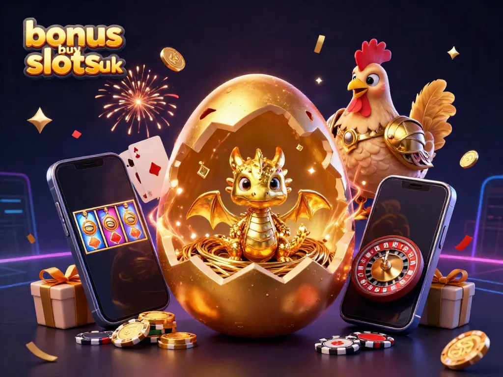 Experience the excitement of bonus buy slots UK with this dynamic 3D illustration featuring a golden dragon and slot gaming elements.