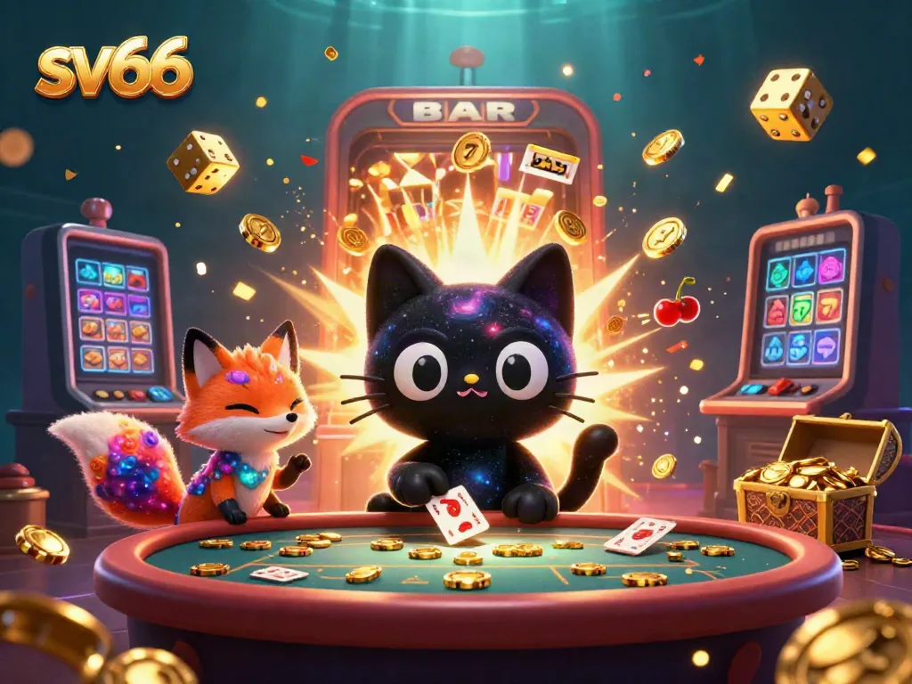 Enjoy sv66's cosmic casino experience featuring a black hole cat and nebula fox amidst cheers and jackpots.