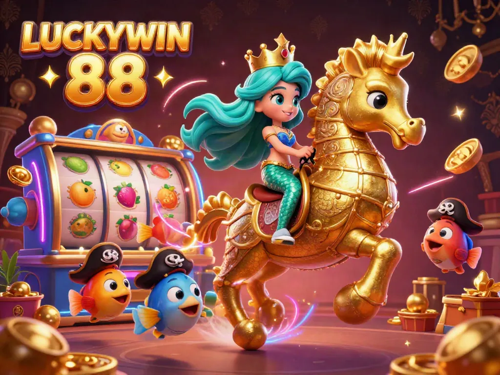 Experience thrilling gameplay at LUCKYWIN 88, depicted through vibrant 3D illustration with engaging game elements.
