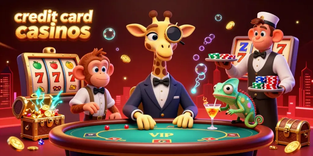 Experience the excitement of credit card casinos with a fun scene of a giraffe in a suit at a poker table, lively casino elements around.