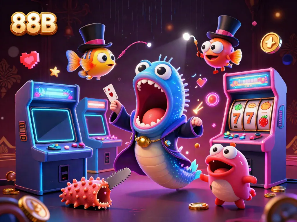 Experience the magic of 88B as a mesmerizing eel performs card tricks in a vibrant casino scene.