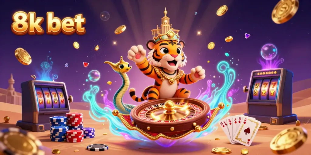 Experience the thrill with 8k bet as golden coins and slot machines enhance your gaming.