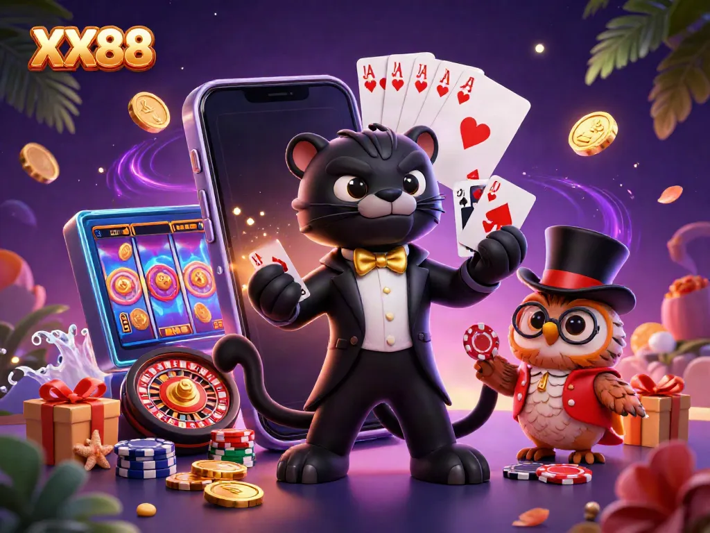 Experience engaging gaming action at XX88 casino with animated characters and vibrant surroundings.