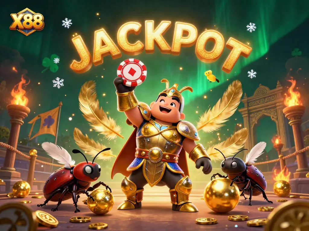 X88 casino scene featuring a victorious beetle character, poker chips, and vibrant jackpot display in action.