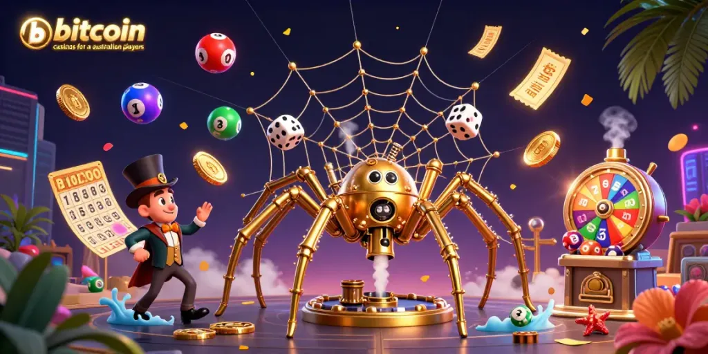Engaging illustration of bitcoin casinos for australian players, showcasing fun gaming elements and action-packed scenes.