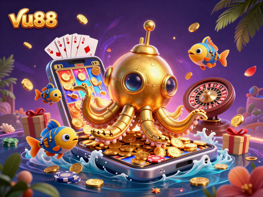 Engage with the immersive vu88 slot gaming experience featuring a golden kraken.