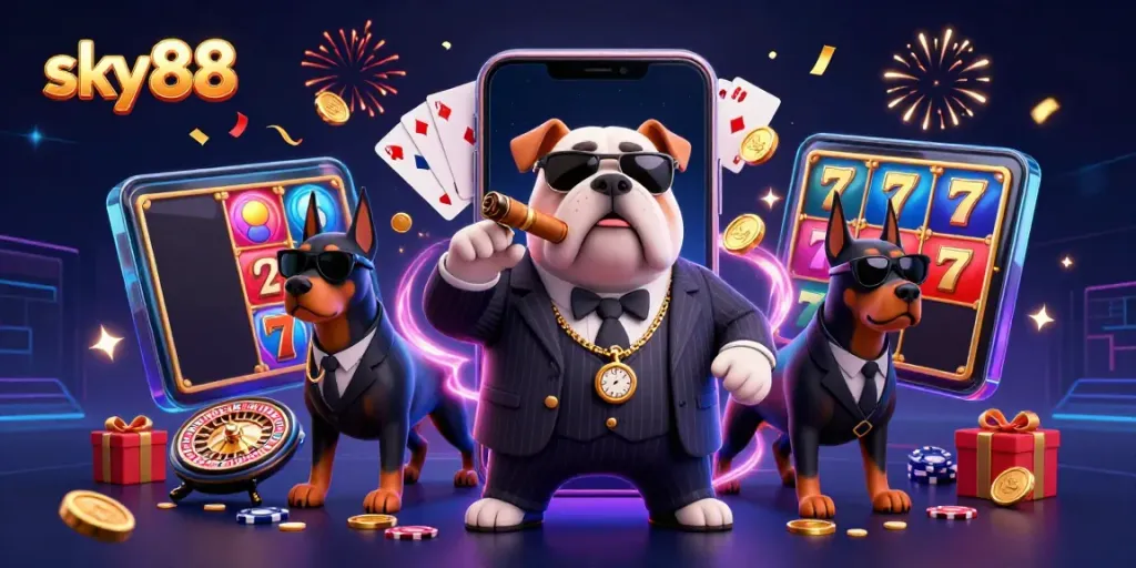 Experience thrilling gameplay with sky88's exciting gambling scene featuring a mafia bulldog and Doberman bodyguards.