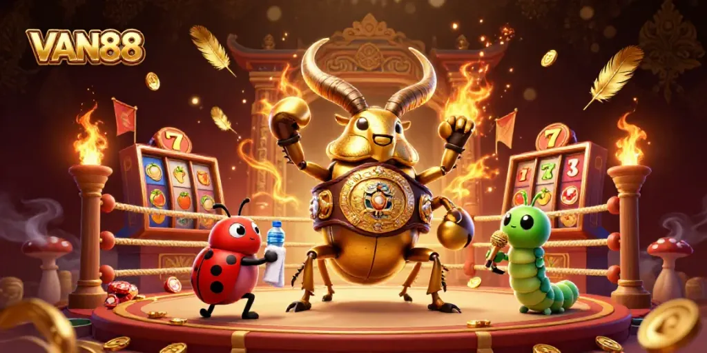 Engage in the vibrant casino excitement with VAN88 featuring a giant golden stag beetle champion and ladybug corner-man.