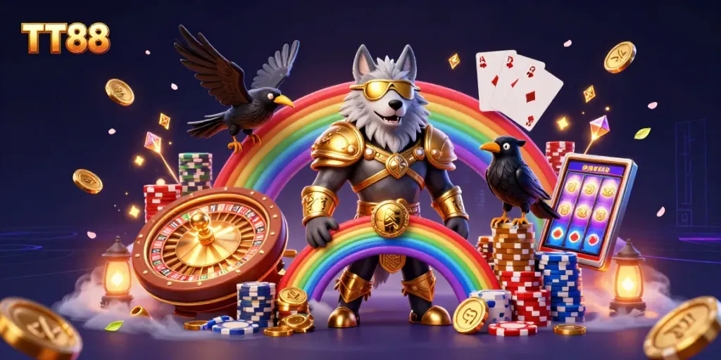 TT88 brings excitement with Odin and ravens in a casino-themed digital illustration.