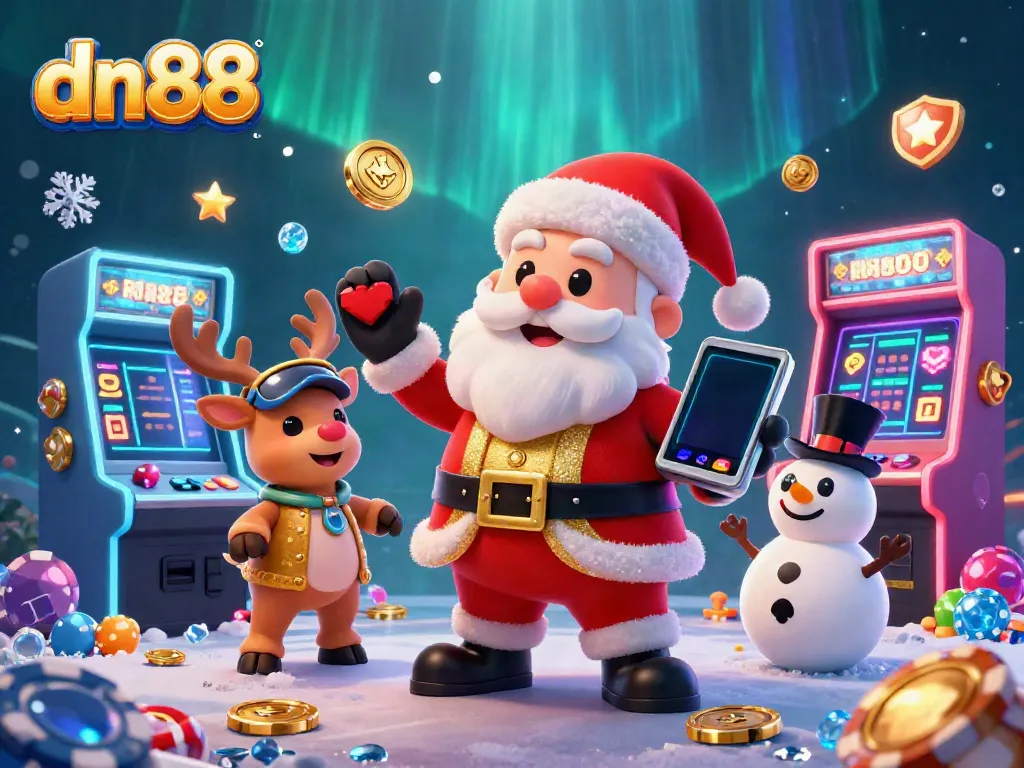 Experience the excitement of dn88 casino with Santa and friends showcasing jackpot slots and vibrant game elements.