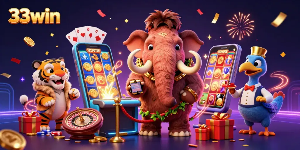 Engage with 33win's vibrant casino scene featuring a mammoth bouncer, VIP guests, and slot games.