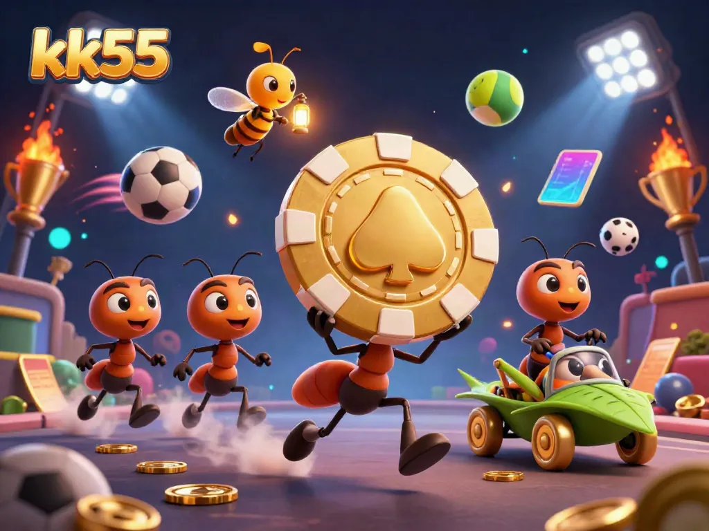Engaging scene of kk55 ants in a heist, with dynamic casino elements and a vibrant atmosphere.