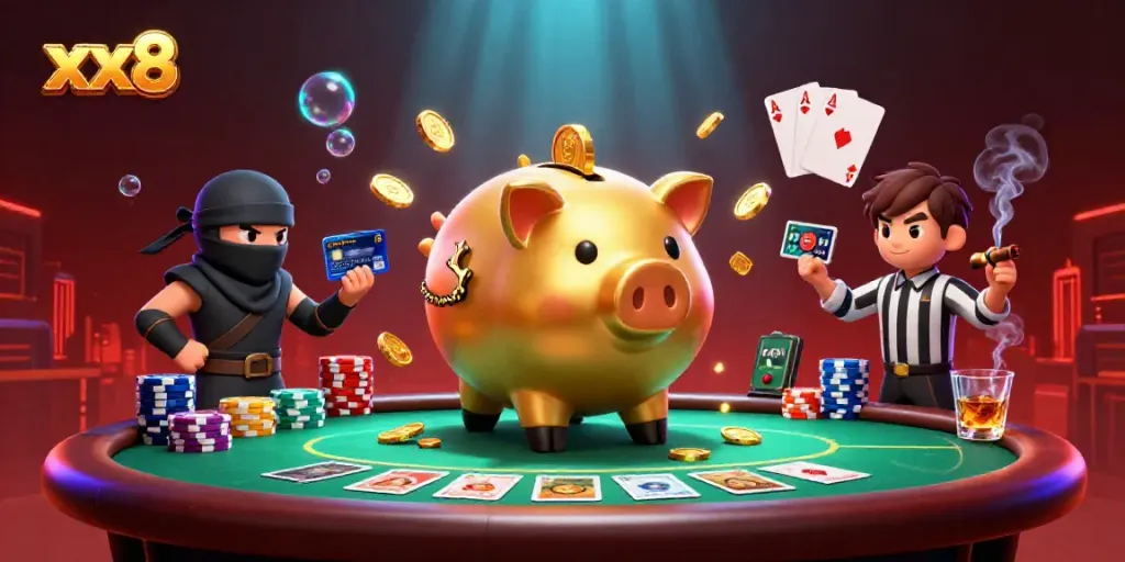 Experience the excitement of xx8 casino with a dynamic illustration featuring colorful poker chips and energetic characters.