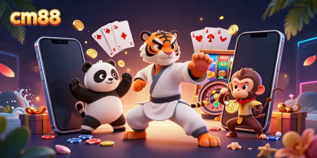 Experience exciting slots and gaming action with cm88 in this vibrant 3D scene.