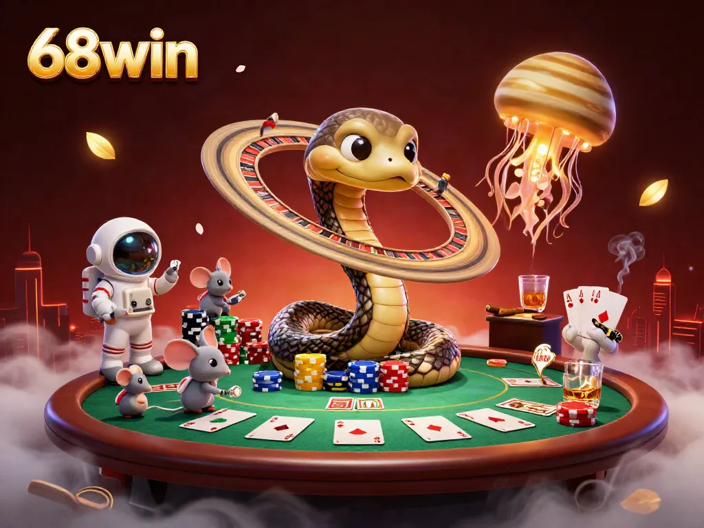 Experience the thrill of betting with 68win's engaging cosmic casino scene, featuring dynamic characters.
