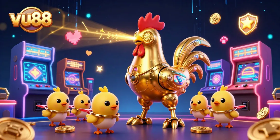 Engage in thrilling gameplay with vu88 featuring a vibrant 3D golden rooster robot and baby chick drones in a packed casino scene.