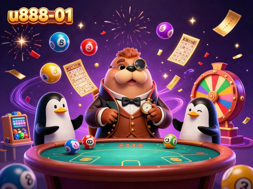 Play exciting games at u888-01 with a jolly walrus, playing poker amidst colorful casino elements.