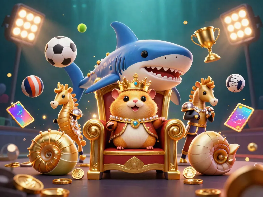 Experience the thrill of rr-88 with a vibrant underwater scene featuring a hamster king and royal seahorse guards among flying sports elements.
