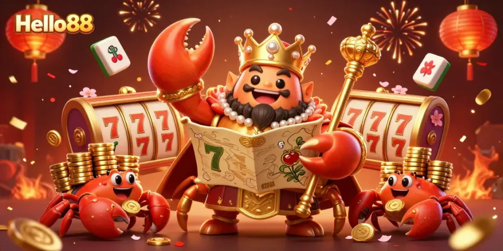 Engage in thrilling slots with Hello88 as a golden crab emperor leads a vibrant casino scene full of excitement.