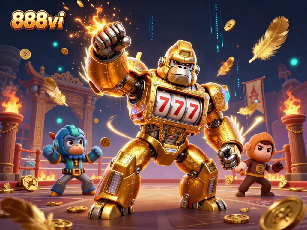 Engage with thrilling casino action at 888vi featuring a golden mech and explosive animations!