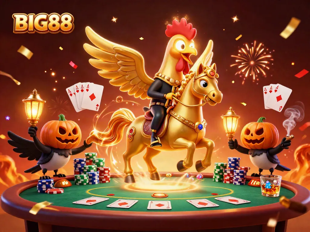 BIG88 casino scene featuring a golden rooster on a spectral horse surrounded by poker elements and festive effects.