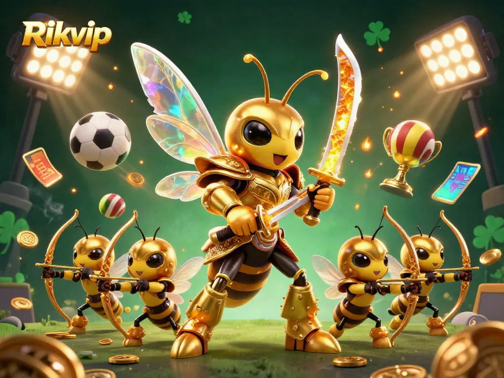 Experience the excitement of Rikvip gaming through a dynamic illustration showcasing a golden hornet and bee archers.