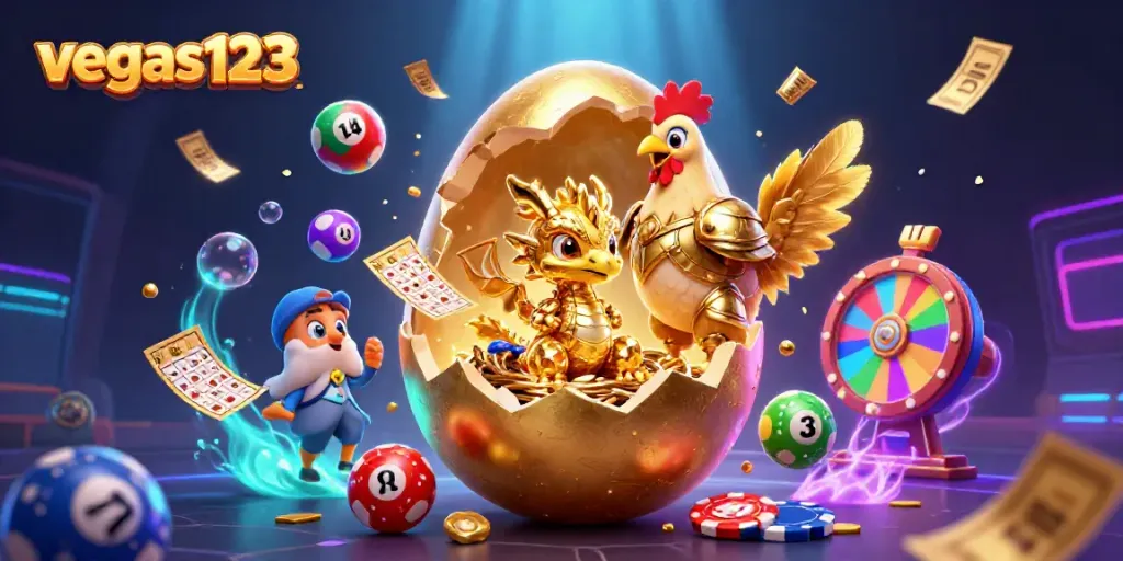 Visualisasi slot dan permainan dengan tema vegas123, menampilkan naga emas dan chip poker.