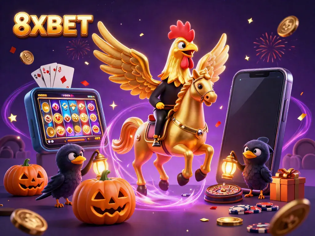 Join the excitement at 8XBET with vibrant gaming elements, golden coins, and animated characters in a lively casino.