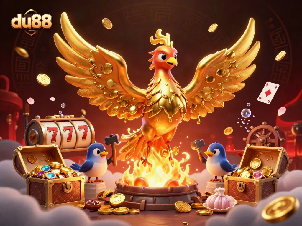 Engage in captivating gaming adventures with the du88 golden phoenix, floating cards, and treasure-filled scenes.