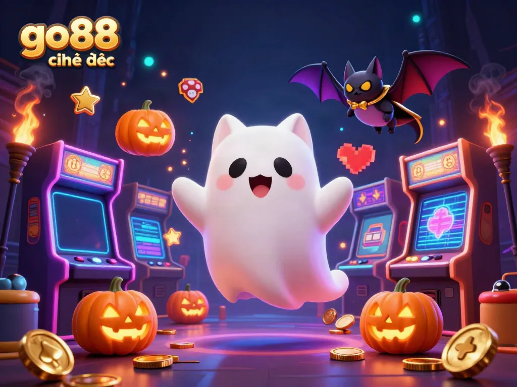 Experience the excitement of go88 chính thức with our vibrant ghost cat and bat characters in a thrilling casino scene.