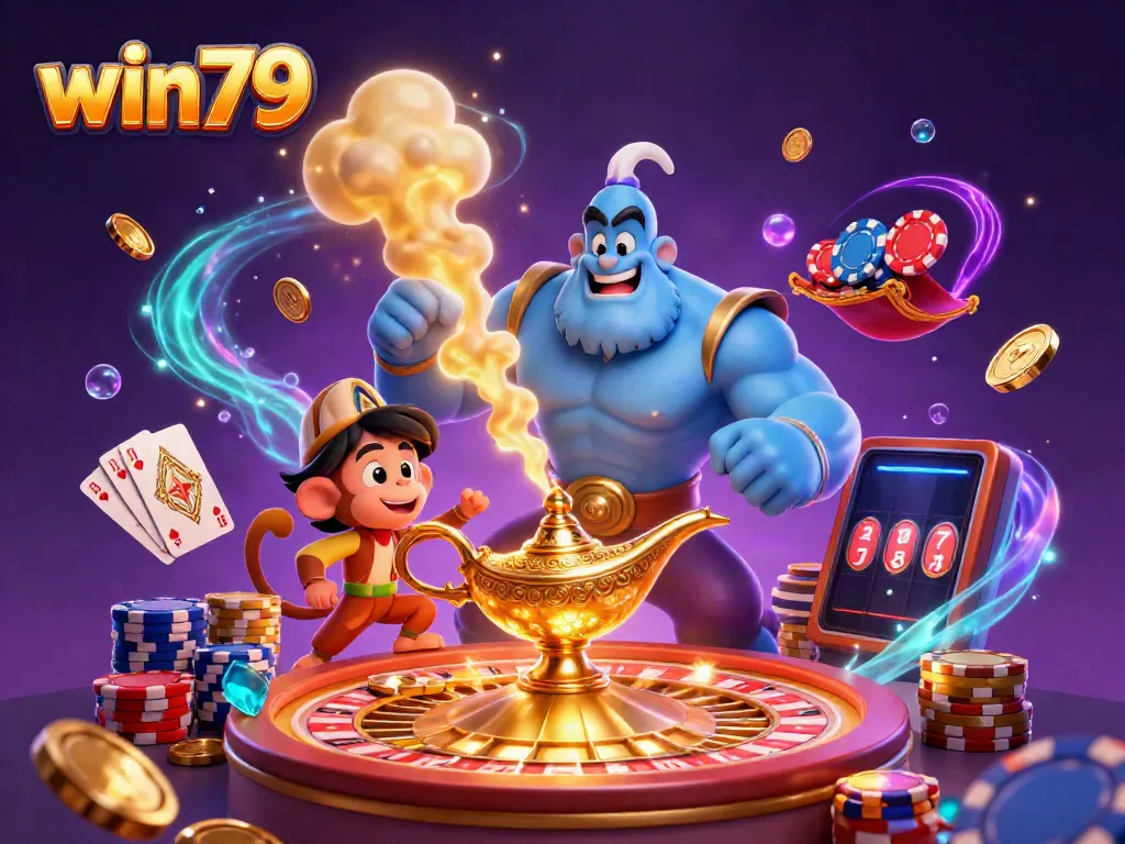 Experience thrilling gameplay with win79, featuring a vibrant genie scene and dynamic casino elements.