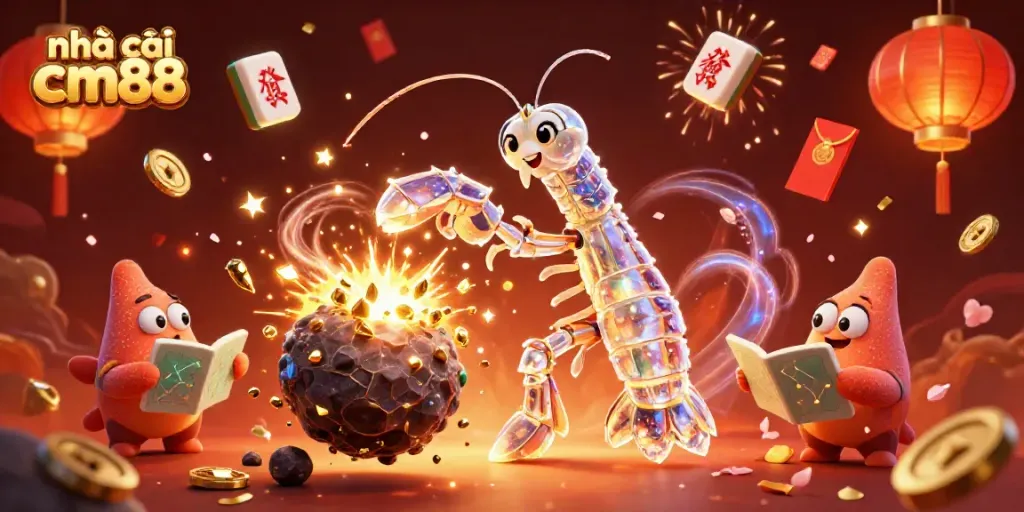 Engage with nhà cái cm88, featuring a dynamic illustration of casino games and celebrations.