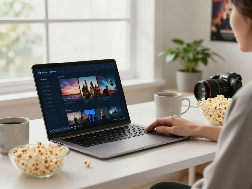 Enjoying MovieBox Pro on a sleek laptop in a cozy home office.