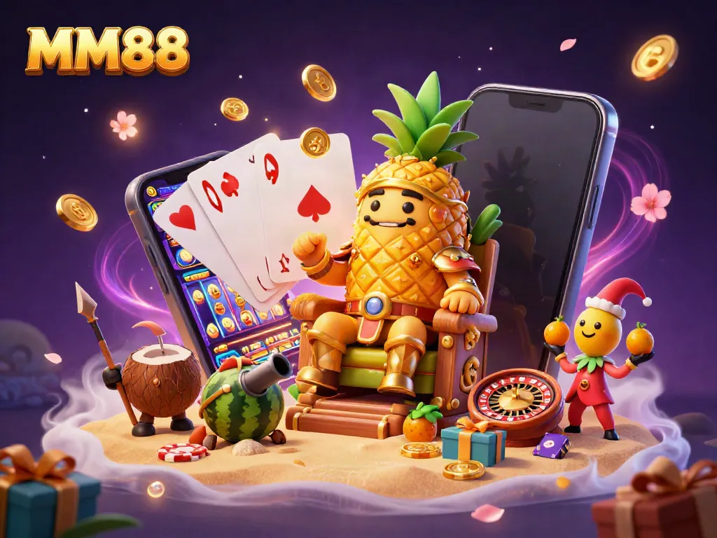 Experience the vibrant MM88 casino scene with the golden pineapple king, colorful slot games, and lively beach atmosphere.