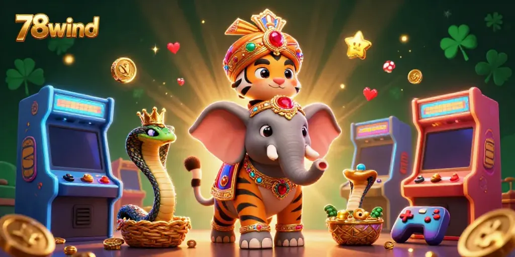 Engage in thrilling casino games at 78wind with vibrant character-filled illustration and gaming elements.