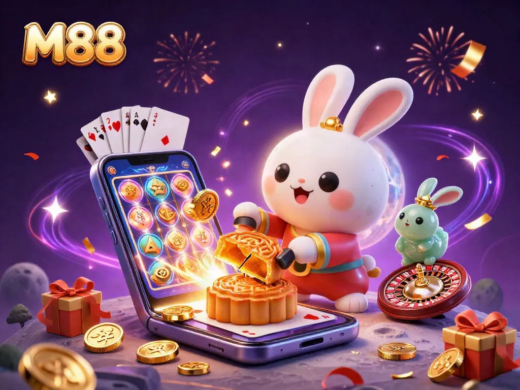 M88-themed illustration of a cartoon moon rabbit celebrating with poker chips and slot games.
