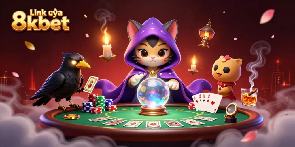 Experience the thrills of Link vào 8kbet with a vibrant 3D casino illustration featuring mystical characters and dynamic game elements.