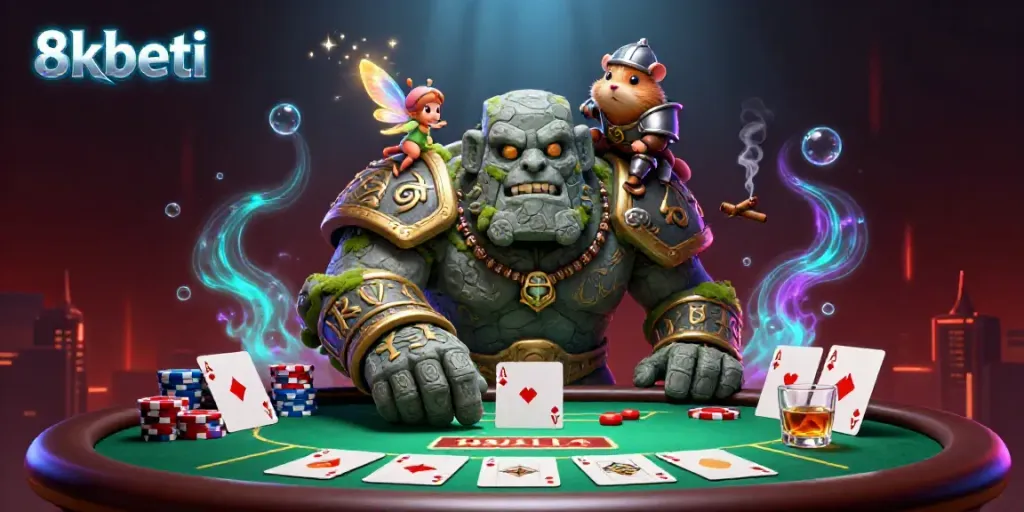 Engage in thrilling poker with vibrant characters, featuring 8xbeti's magical touch in a dynamic casino scene.