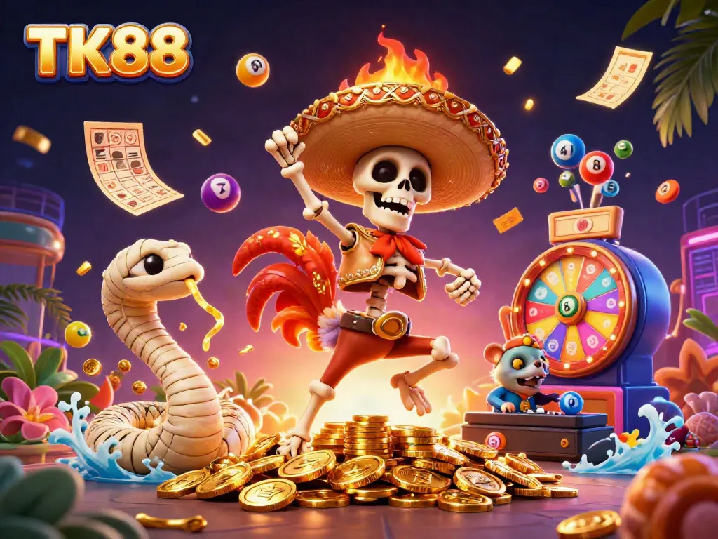 Engaging entertainment scene with TK88, showcasing a cartoon rooster and vibrant casino elements.