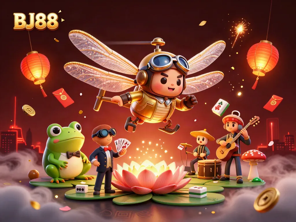 Experience exciting casino action at BJ88 with a vibrant 3D illustration of dragonfly pilots and a frog dealer.