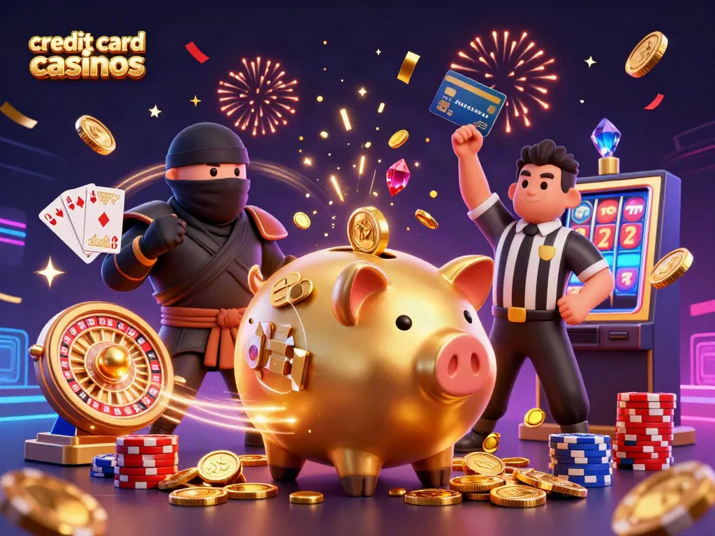 Engage with credit card casinos through a vibrant 3D illustration featuring a golden piggy bank, ninja, and samurai amidst dynamic casino elements.