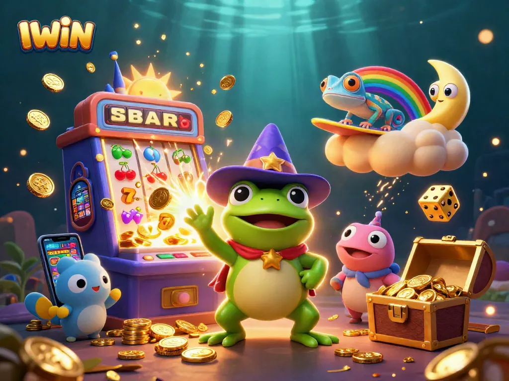 IWIN gameplay illustration featuring a storm of coins amidst animated cash elements.