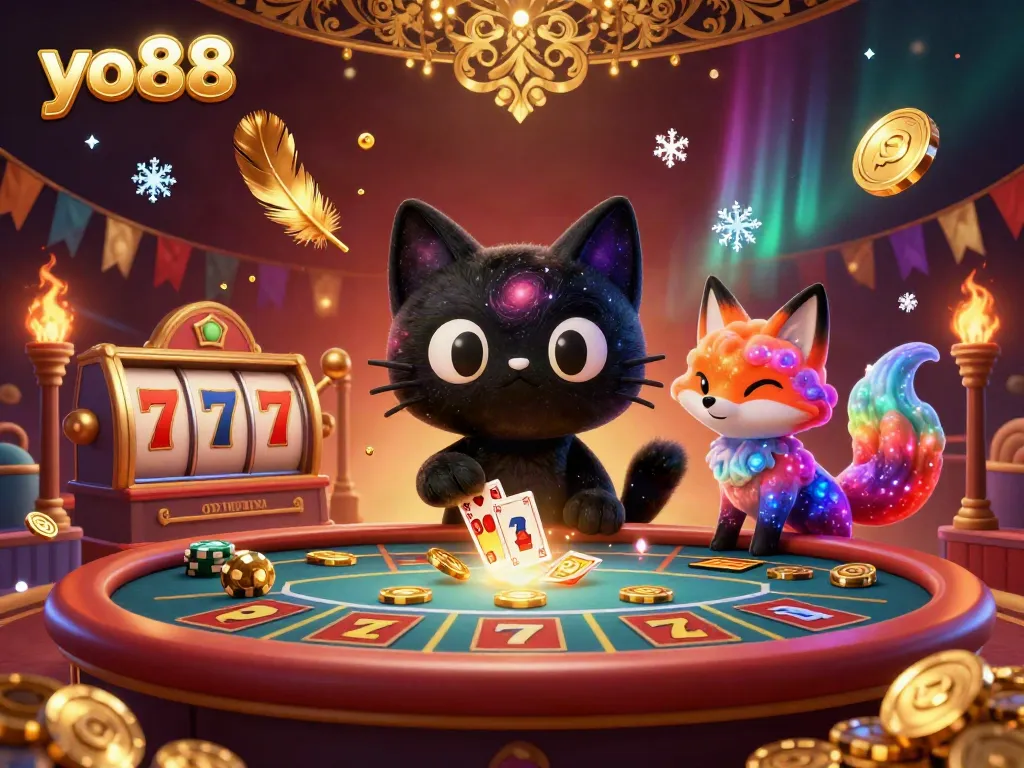 Engage in the vibrant yo88 casino experience with a stunning 3D black hole cat illustration amidst cosmic gaming elements.