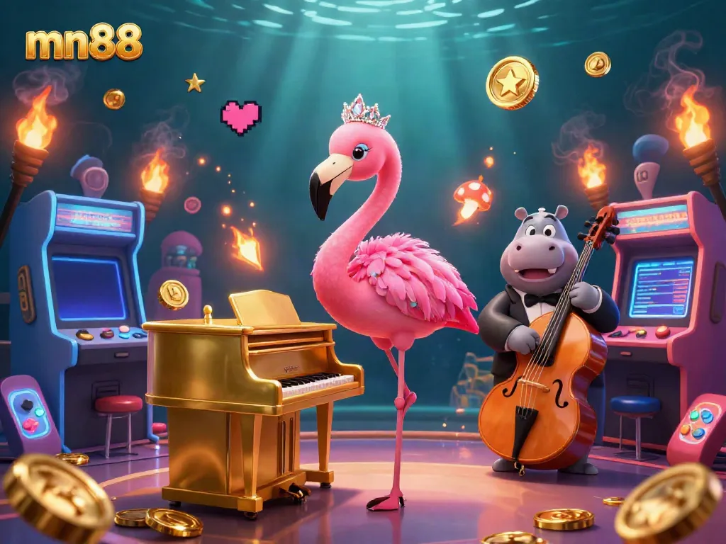 Experience vibrant gaming action with mn88 in a lively casino scene with colorful characters and gaming elements.