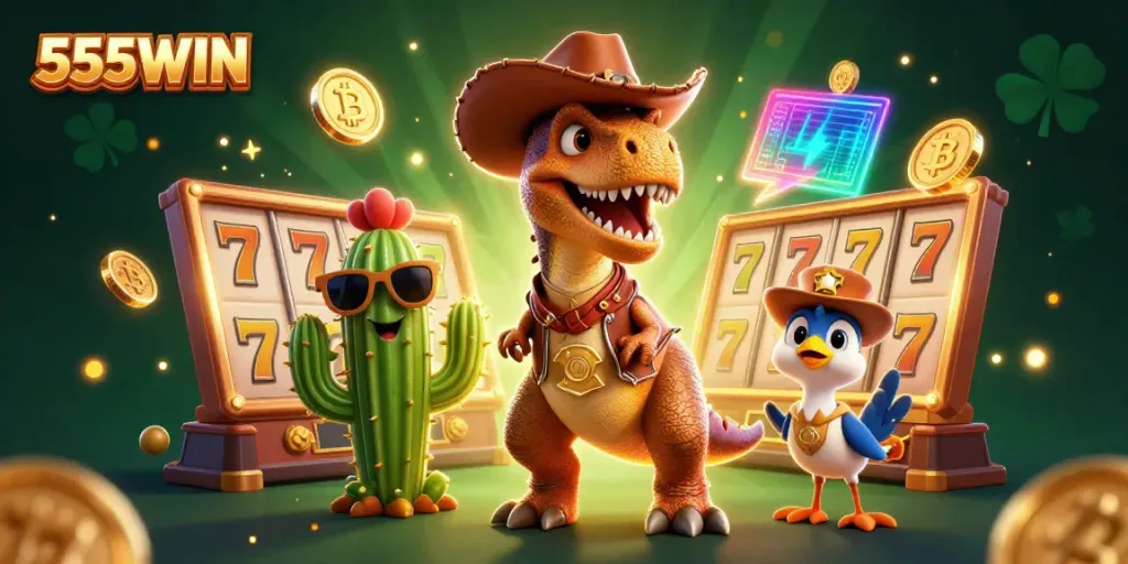 Experience thrilling slots and jackpots in stunning 555WIN digital casino scene while the adorable dinosaur and friends play.