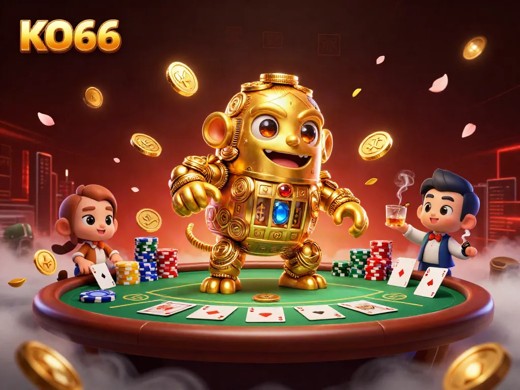 Engage with KO66 in a vibrant 3D illustration showcasing dynamic casino elements and a golden golem.